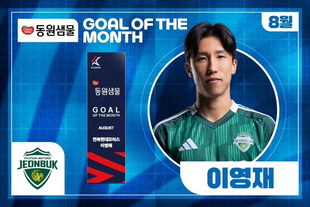전북 현대 이영재가 8월 이달의 골을 수상했다./프로축구연맹
