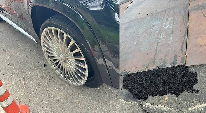 여수산단 도로 공사 불량으로 벤츠 바퀴가 펑크가 나고 휠이 찌그러져 있다. [제보자 제공]