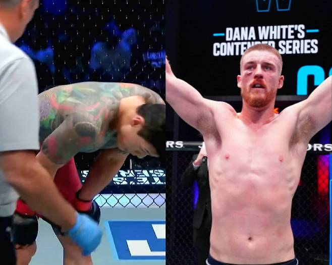 황인수(사진 왼쪽)가 지난 17일 미국 네바다주 라스베이거스 UFC 에이펙스에서 열린 경기에서 패디 맥코리에게 판정패했다. 사진은 3라운드를 마친 직후 황인수와 승리를 확정한 맥코리의 모습. UFC 제공·UFC SNS 영상 캡처