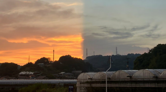 지난달 26일 일본 오카야마현 구라시키시에서 포착된 ‘박명광선’ 현상. RSK산요방송 보도화면 캡처