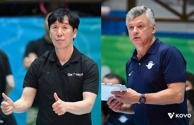 신영철 OK금융그룹 감독(왼쪽)과 헤난 대한항공 감독. /사진=KOVO 제공