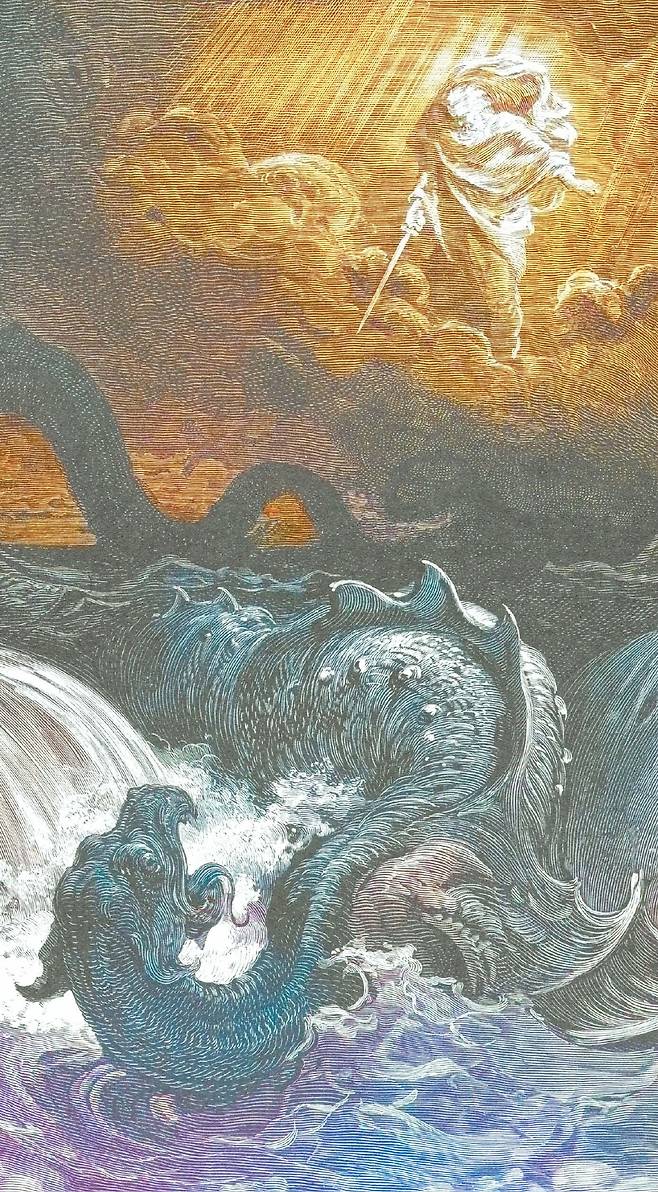 게티이미지코리아19세기 프랑스 판화가 귀스타브 도레의 ‘리바이어던의 파멸’ 컬러판. 당초 리바이어던은 구약성서에 나오는 바다 괴물이었다. 하지만 토머스 홉스는 국가의 비유로 재정의하기에 이른다.