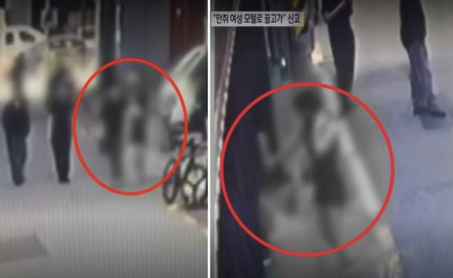 지난 11일 서울 송파구의 한 모텔 앞에서 한 남성이 술에 취한 여성을 부축하듯 손을 잡고 걷고 있다.(왼쪽), 남성이 술 취한 여성을 모텔로 데리고 들어가고 있다./사진=채널A뉴스 캡처