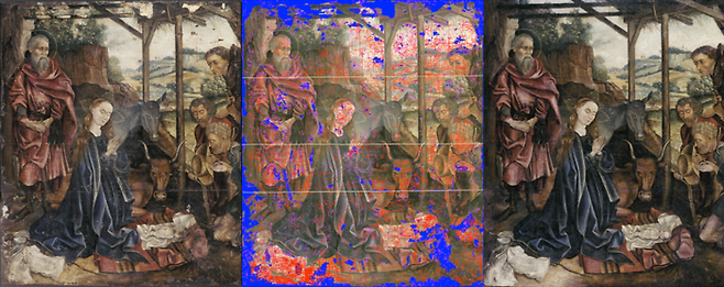 손상된 상태의 유화(왼쪽)와 인공지능(AI) 기술을 적용해 스캔한 손상 부위를 나타낸 화면(가운데), 이를 바탕으로 디지털 복원 작업을 거친 작품. 가운데 사진에서 얇은 빨간색 선은 주요 페인트 균열을 나타내고, 파란색 영역은 큰 페인트 손실을, 분홍색 영역은 스크래치 같은 작은 결함을 나타낸다. 네이처