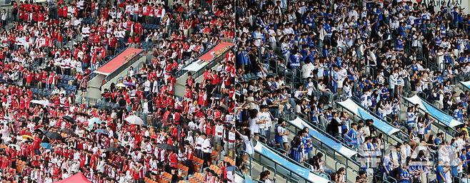 [서울=뉴시스] 조성우 기자 = 19일 서울 송파구 잠실야구장에서 열린 2025 정기 고려대학교·연세대학교 친선경기대회(고연전) 야구 경기에서 양 대학교 학생들이 응원전을 펼치고 있다.양 대학은 매년 해당 대회의 명칭을 '고연전'과 '연고전'으로 번갈아 사용하고 있다. 올해는 연세대 주최로 개최되기에 '고연전'으로 열린다. 2025.09.19. xconfind@newsis.com