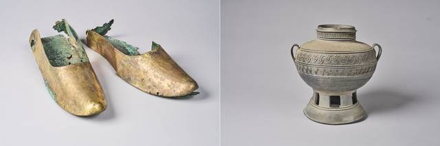 경북 경주 인왕동 고분군 금동신발, 울산 남구 중산리 고분군 손잡이 달린 굽다리곧은목항아리.