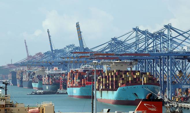 지난 14일 부산 강서구 부산항신항 부두에서 수출입 컨테이너 선적 및 하역작업이 진행되고 있다. 뉴시스