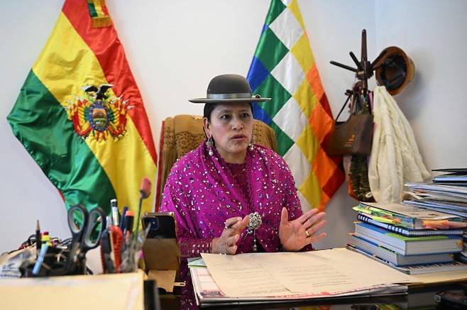 볼리비아 상원의원 버지니아 벨라스코가 2025년 9월 3일 라파스에서 열린 AFP와의 인터뷰에서 연설하고 있다. 2025.9.18 AFP 연합뉴스