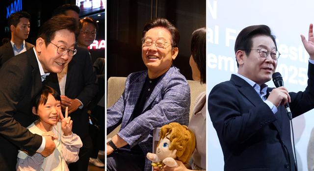 왼쪽부터 이재명 대통령이 지난 8월 17일 서울 용산CGV에서 영화 ‘독립군:끝나지 않은 전쟁’을 관람한 뒤 시민들과 만나는 모습,  9월 6일 서울 용산구 한 영화관에서 영락보린원 원생 30여명과 한국 애니메이션 ‘킹 오브 킹스’를 관람하기 전 환담하는 모습,  9월 20일 부산 해운대구 영화의전당에서 부산국제영화제(BIFF) 공식상영작 ‘극장의 시간들’ 상영 뒤 진행된 관객과의 대화에 참여한 모습.<연합뉴스 사진 갈무리>