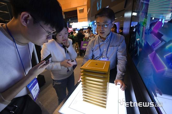 지난해 10월 서울 강남구 코엑스에서 열린 '반도체대전 2024' SK하이닉스 부스에서 관람객이 5세대 고대역폭 메모리(HBM3E)를 살펴보고 있다. 김민수기자 mskim@etnews.com