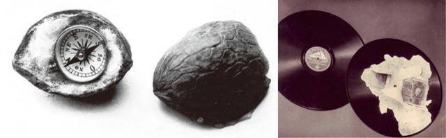 수용자들이 탈출할 때 사용하기 위해 호두에 숨겨 놓은 나침반(왼쪽)과 음반에 숨긴 독일 돈. 열린책들 제공