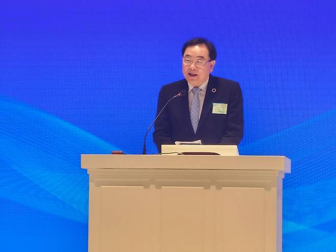 고명진 중앙침례교회 목사가 19일 서울 여의도 CCMM 빌딩에서 열린 제50차 정기총회에서 축사를 전하고 있다.