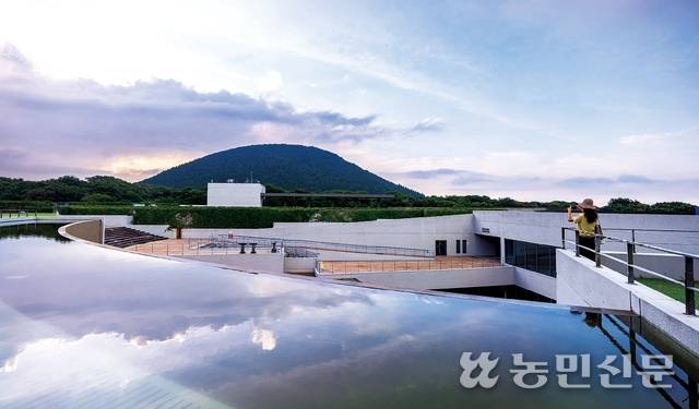 건물이 지상으로 돌출되지 않아 주변의 자연과 조화를 이루는 제주돌문화공원의 제주돌박물관. 입구의 계단식 벽체를 타고 ‘벽천계류’라는 물이 흐른다. 낮은 건물 뒤로 솟은 오름과 물에 비친 하늘이 아름답다. 제주=현진 프리랜서 기자
