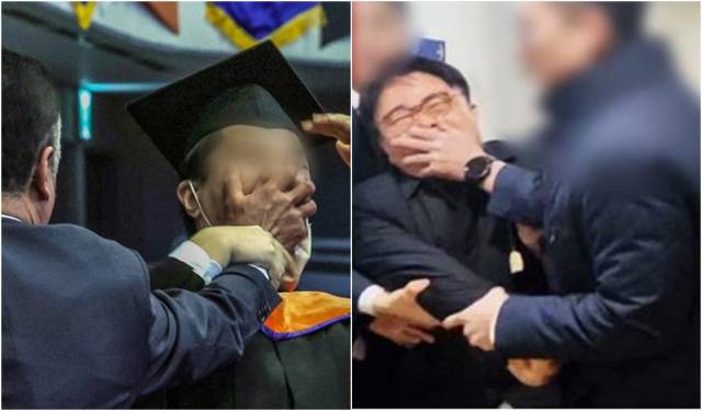 ▲ R&D 예산 삭감에 항의하던 카이스트 졸업생(왼쪽)과 정부의 의료정책에 반대 의견을 내려던 의사(오른쪽)가 대통령실 경호원들에게 각각 '입틀막'을 당한 채 끌려나가는 모습. ⓒ프레시안