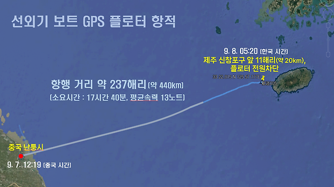 밀입국&nbsp;보트에 설정한 위성항법장치(GPS) 플로터&nbsp;항적. 제주해양경찰청&nbsp;제공