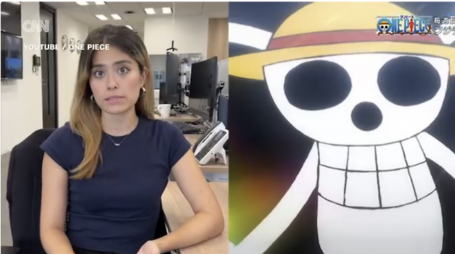 하나코 몽고메리 CNN 도쿄 특파원이 ‘원피스’ 속 밀짚모자 해적단 깃발, ‘졸리 로저’가 청년 시위대의 상징으로 쓰이는 현상을 설명하고 있다. CNN·유튜브 원피스 캡처