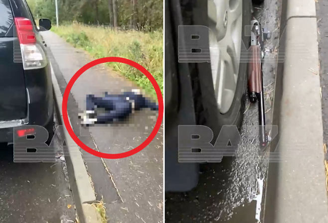 러시아 화학 섬유 및 탄소 복합재 생산 기업인 힘프로민지니링의 최고경영자(CEO) 알렉산드르 티우닌이 지난 19일(현지시간) 모스크바 외곽 도로변에서 숨진 채 발견됐다고 타스통신 등이 전했다. 사진은 자신의 도요타 차량 옆에서 총에 맞아 숨져 있는 티우닌(왼쪽·사진 모자이크 처리함)과 차량 바퀴 아래서 발견된 사냥용 소총(오른쪽). 텔레그램 채널 ‘BAZA’ 캡처