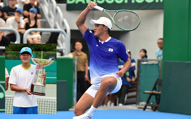 한국 테니스의 간판스타 권순우가 데이비스컵에서 날카로운 포핸드 스트로크를 구사하고 있다. 권순우는 10년 전인 2015년 국내 최고 권위의 주니어대회인 장호 홍종문배 대회에서 우승하며 스타 탄생을 알렸다. 대한테니스협회 제공