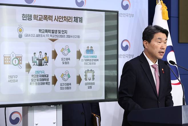 2023년 12월 7일 당시 이주호 부총리 겸 교육부 장관이 서울 종로구 정부서울청사 별관에서 학교폭력 사안 처리 제도 개선 방안을 설명하고 있다. /연합뉴스