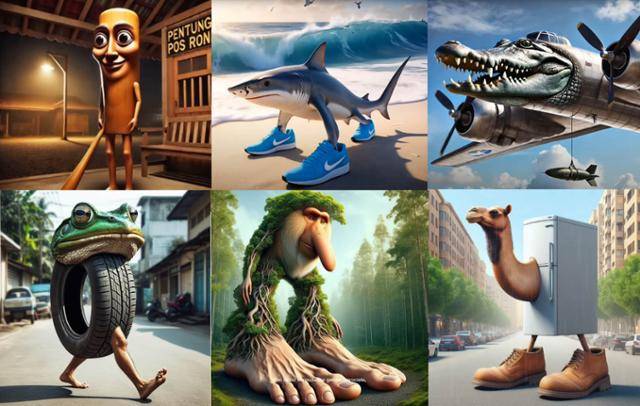 이탈리안 브레인롯 캐릭터. 왼쪽 위부터 시계방향으로 퉁퉁퉁 사후르, 트랄랄레로 트랄랄라, 봄바르디로 크로코딜로, 프리고 카멜로, 브르르브르르 파타핌, 보네가 암발라부. The Red Line 유튜브 캡처