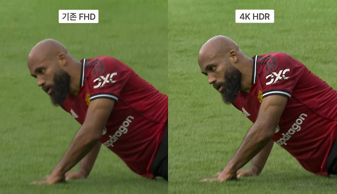 쿠팡플레이의 4K 중계와 기존 중계 화면을 비교한 장면.&nbsp; &nbsp;사진=쿠팡플레이 제공