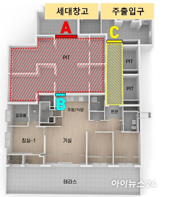 관악구 H아파트 내 일부 저층 세대가 현관부와 피트공간을 불법 확장해 전용공간으로 활용하면서 논란이 불거졌다.  [그래픽=조은수 기자 ]
