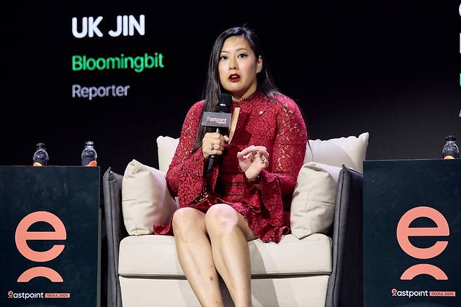 캐롤라인 팸 미국 CFTC 위원장 대행이 22일 서울 용산구 그랜드 하얏트 서울에서 개최된 글로벌 웹3 프라이빗 콘퍼런스 '이스트포인트:서울 2025'에서 발언하고 있다./사진=해시드