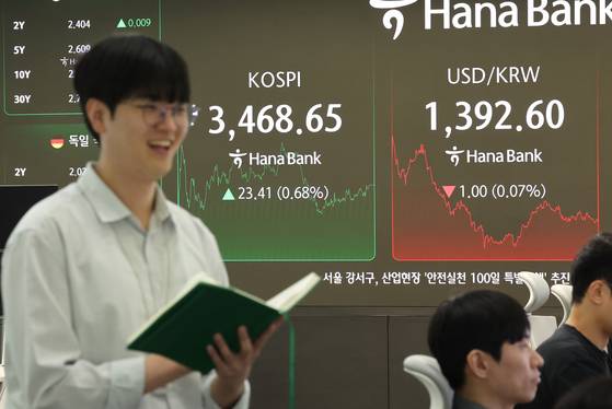 Electronic boards at Hana Bank in central Seoul show the Kospi and the won-dollar exchange rate on Sept. 22. The won almost broke 1,400 against the greenback as the dollar strengthened on a hawkish U.S. Federal Reserve stance, while Britain's budget deficit came in significantly higher than the forecast. [YONHAP]