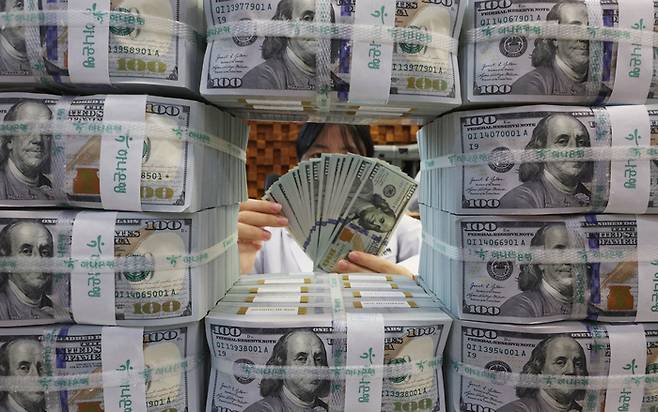 서울 명동 하나은행 위변조대응센터에서 직원이 달러화를 옮기는 모습. [이충우 기자]