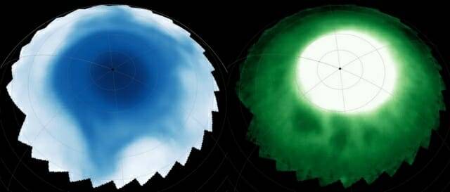 성층권에 있는 기울어진 별 모양 구조(왼쪽)와 전리층에 있는 어두운 구슬(오른쪽) (출처=NASA/ESA/CAS/ 톰 스탤라드)