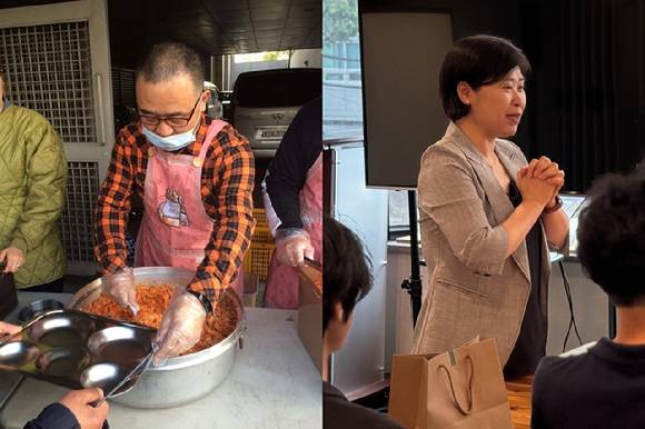 제37회 아산상 사회봉사상 수상자 김현일·김옥란 부부(왼쪽부터). 노숙인 무료급식소 '바하밥집'에서 배식을 하고 있는 김현일 씨와 '푸른고래 리커버리센터'에서 고립 청년들과 대화를 나누고 있는 김옥란 씨. [사진=아산사회복지재단]