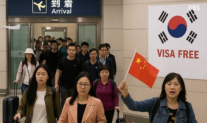 29일 무비자 전국 확대를 앞두고, 늘어나는 중국 단체 관광객 입국 행렬을 이미지화한 상징적 장면.