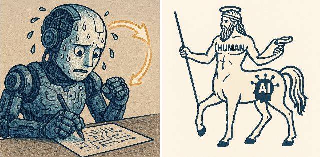 인공지능(AI)이 스스로 반복 학습하고 개선하는 모습. 오른쪽은 그리스 신화에 나오는 지혜로운 케이론. 필자가 마이크로소프트의 코파일럿과 오픈AI의 소라에서 생성했다.