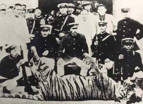 일제 강점기 정호군(征虎軍)이 한국 야생 호랑이를 포획한 뒤 촬영한 기념사진. [온라인 커뮤니티 갈무리]