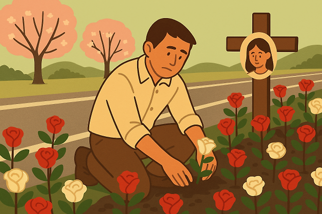 베트남에서 한 남성이 아내가 교통 사고를 당한 도로 인근 1km 구간에 왕벚나무 수십 그루를 심었다. 마이크로소프트 코파일럿