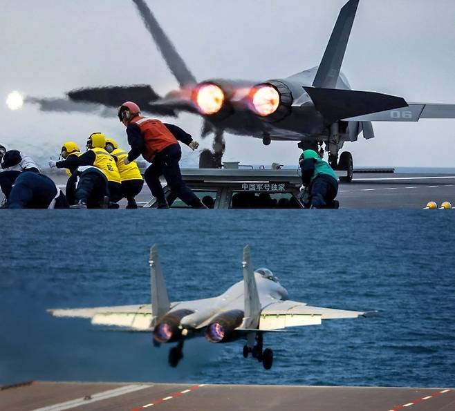 중국 최초의 캐터펄트 장착 항공모함 푸젠함에서 이륙하는 항공기 모습.  중국 인민해방군