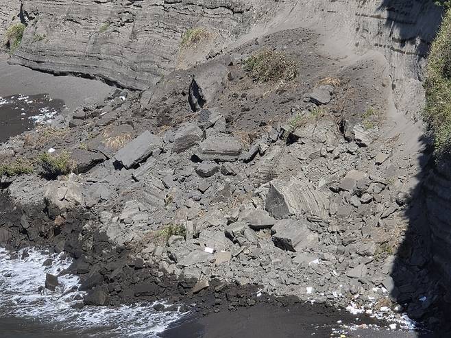와르르 무너져 내린 수성화산 송악산 응회암 절벽의 모습. 독자 제공