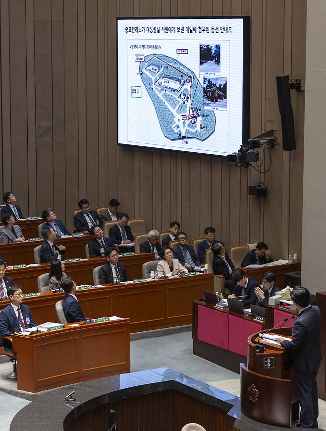 8월26일 국회 예산결산특별위원회 에서 김성회 더불어민주당 의원이 김건희씨의 종묘 사적 사용과 관련한 질의를 하고 있다. ⓒ연합뉴스