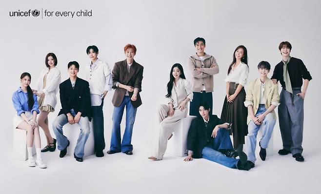 '유니세프 팀' 캠페인에 참여한 도영·민호·쇼타로·수호·시온·시원·아이린·유리·재민·지우·카르멘 /사진제공=유니세프 한국위원회, 패션매거진 마리끌레르