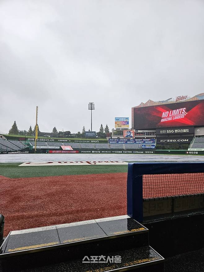 24일 한화-SSG전이 열릴 예정이던 인천SSG랜더스필드에서 방수포가 깔려있다. 문학 | 강윤식 기자 skywalker@sportsseoul.com