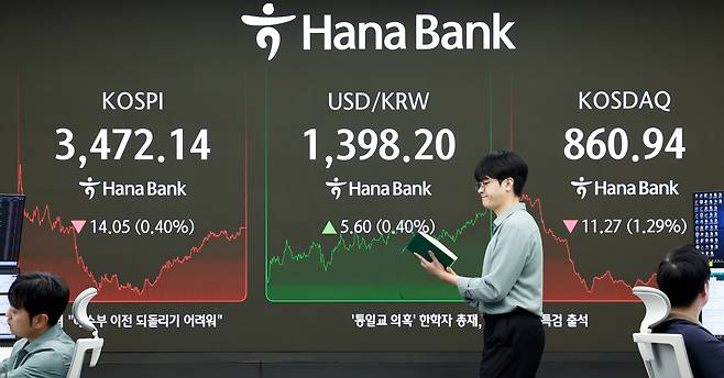 24일 서울 을지로 하나은행 본점 딜링룸에서 한 외환딜러가 증시 현황판 앞을 지나고 있다. /연합뉴스