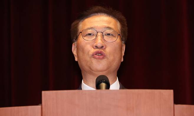 박성재 전 법무부장관이 6월5일 오전 경기 과천시 정부과천청사에서 열린 이임식에서 이임사를 하고 있다. 신소영 기자 viator@hani.co.kr