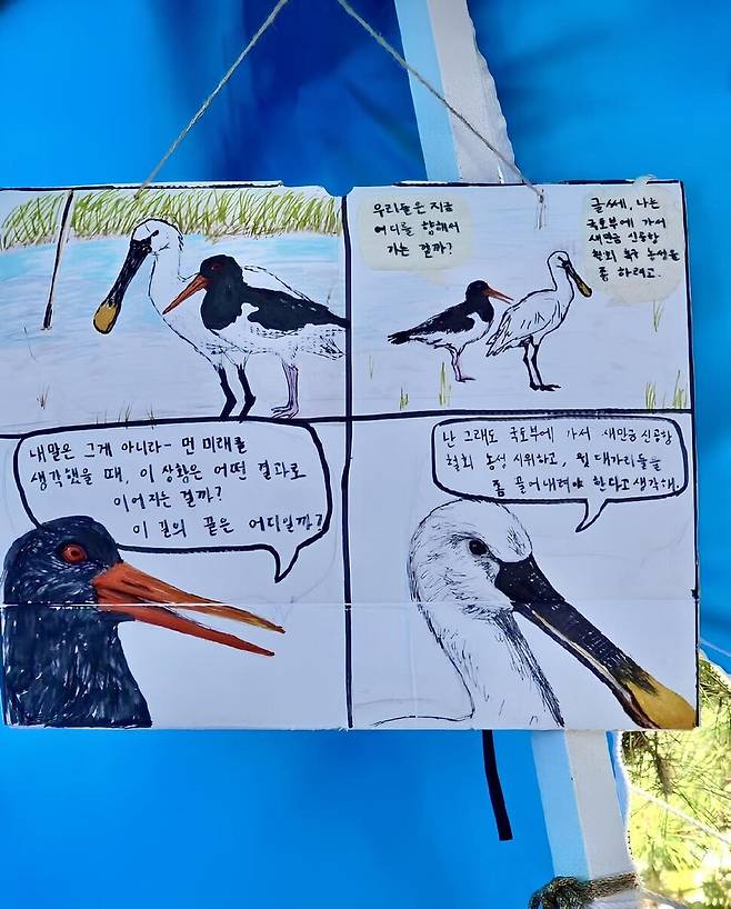 노랑부리저어새와 검은머리물떼새의 만찬을 응원한다. 전북지방환경청 앞 새만금 신공항 부동의를 촉구하는 농성 천막 속에 걸려 있던 광주 기후정의 활동가 이랑의 만화. 알맹상점 금자 제공