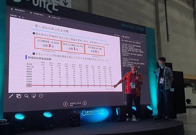 일본인 관계자가 오픈마이크 무대에서 발표하고 있다 / 출처=IT동아