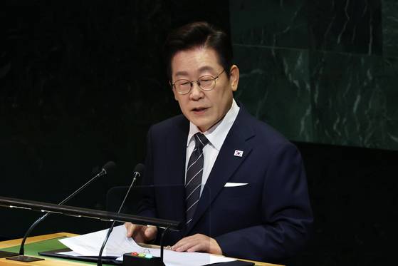 이재명 대통령이 23일(현지시간) 미국 뉴욕 유엔 총회장에서 기조연설을 하고 있다. 김현동 기자