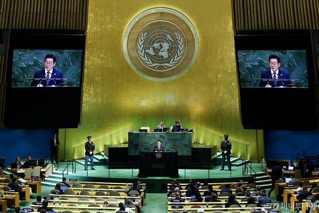 (로이터=뉴스1) 황기선 기자 = 이재명 대통령이 23일(현지시간) 미국 뉴욕 유엔 본부에서 열린 제80차 유엔 총회에서 기조연설을하고 있다.  ⓒ 로이터=뉴스1  Copyright (C) 뉴스1. All rights reserved. 무단 전재 및 재배포,  AI학습 이용 금지. /사진=(로이터=뉴스1) 황기선 기자