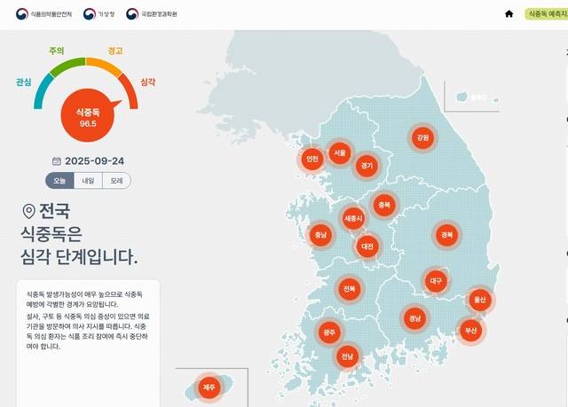 24일 오후 현재 전국 식중독지수는 심각단계를 보이고 있다. 식품의약품안전처 화면 캡처