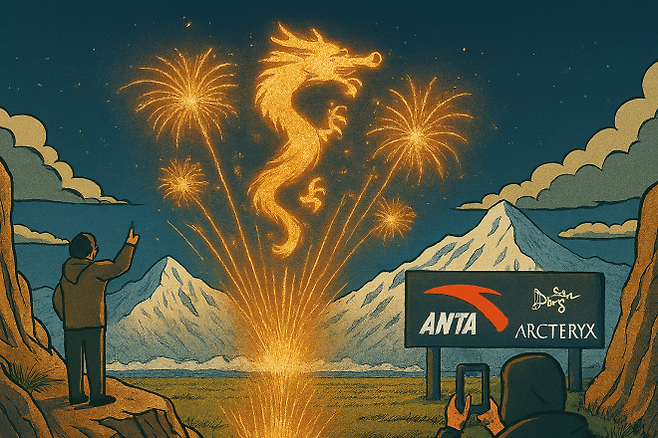 히말라야 고산지대에서 안타 스포츠가 불꽃놀이를 하는 모습. 브랜드 철학과 환경 윤리 사이의 충돌이 담겨 있다. 마이크로소프트 코파일럿