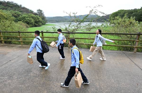 우포 따오기의 고향마을인 중국 산시성 양현지역 어린이들이 이인식 우포자연학교장 초청으로 24일부터 27일까지 창녕 우포늪을 방문하고 있다. 25일 오전 창녕군 이방면 안리 '푸른우포사람들' 인근 늪 주변을 걷고 있다. 따오기는 2008년 10월 17일 창녕군 유어면 세진리 우포늪 복원센터에 도착했고 복원에 성공한 후 2019년 5월 22일 첫 자연방사 됐다. /김구연 기자