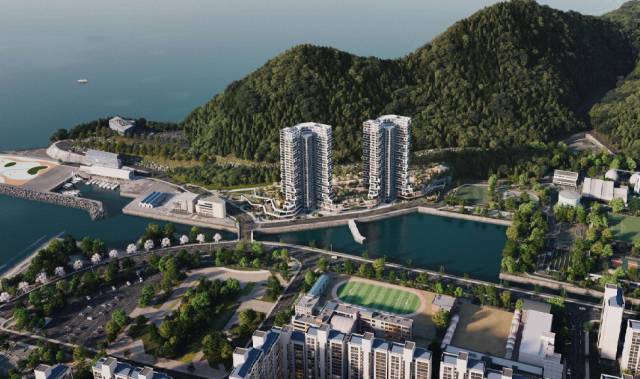 부산 해안경관의 핵심인 남구 이기대 초입에 아파트 건설을 재추진하는 아이에스동서(주)의 아파트 조감도. 부산일보DB